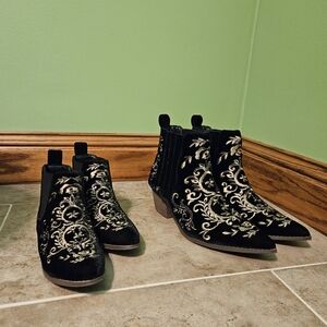 Joyfolie Black and Gold Embroidered Ankle Boots